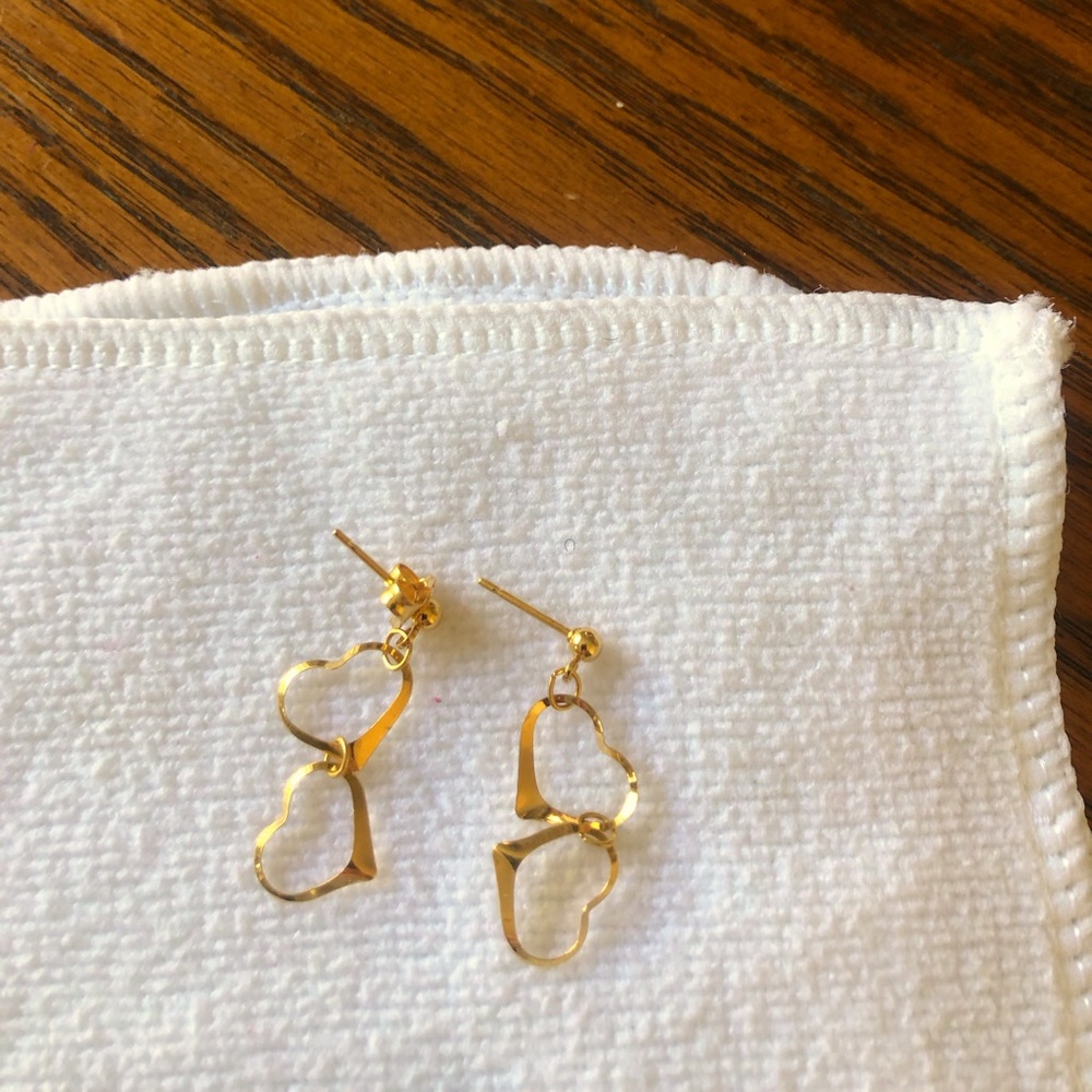 Gold stud drop double heart earrings